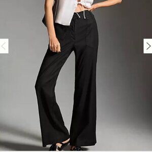 Anthropologie Maeve The Naomi Linen Blend Wide-Leg Flare Pants Size 2 Navy Blue